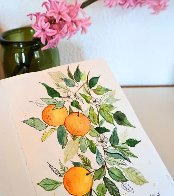 Orangenblüten malen: Mixed-Media-Tutorial mit Aquarell, Buntstift und Glitzer