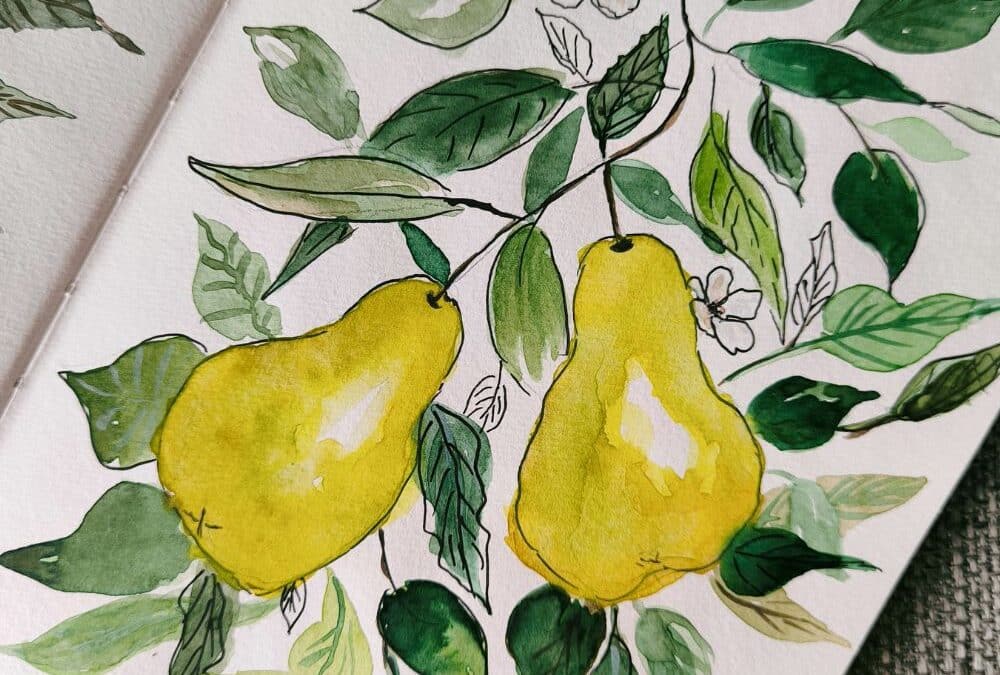 Aquarell-Postkarten mit Früchten: Orange, Birne & Kirsche für kleine Glücksmomente